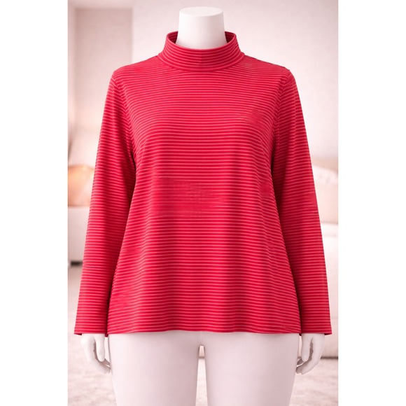 Denim & Co. Tops - Denim & Co Red Silver Metallic Striped Mock Neck Long Sleeve Top Womens 2X